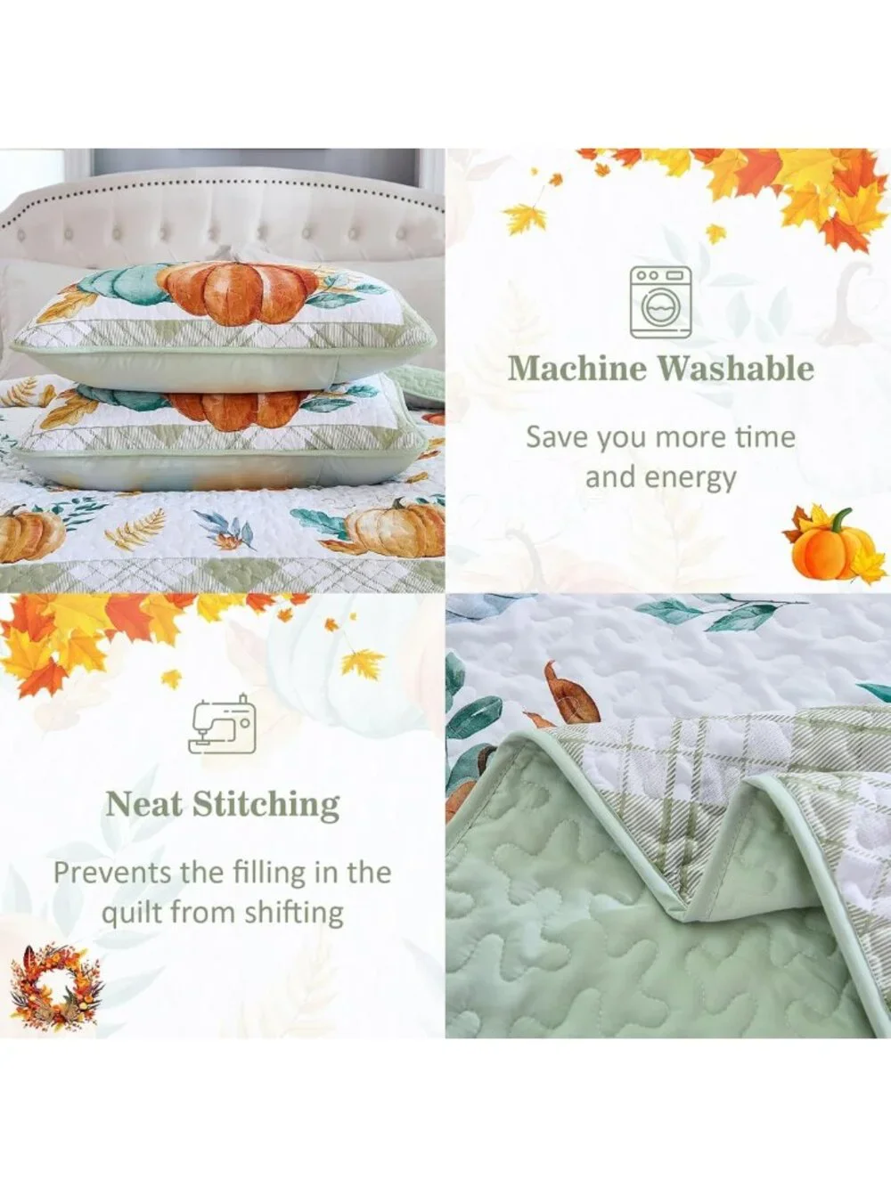 Cozy Fall Quilt Set Queen, Pumpkin Patchwork Bedspread, Sage Green Home Decor
